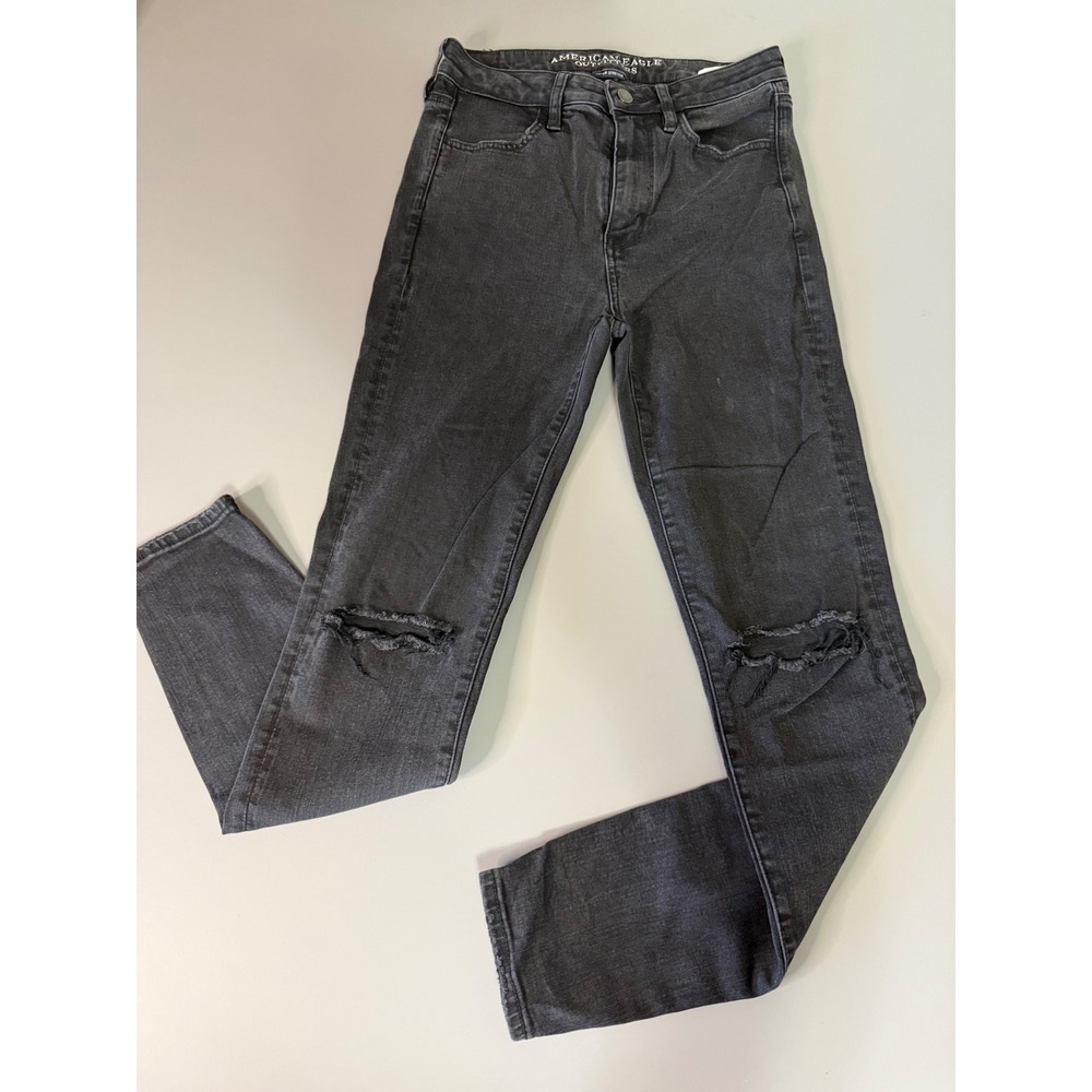 American Eagle Super Hi-Rise Jegging Black Distressed Ripped Skinny Jeans Size 6